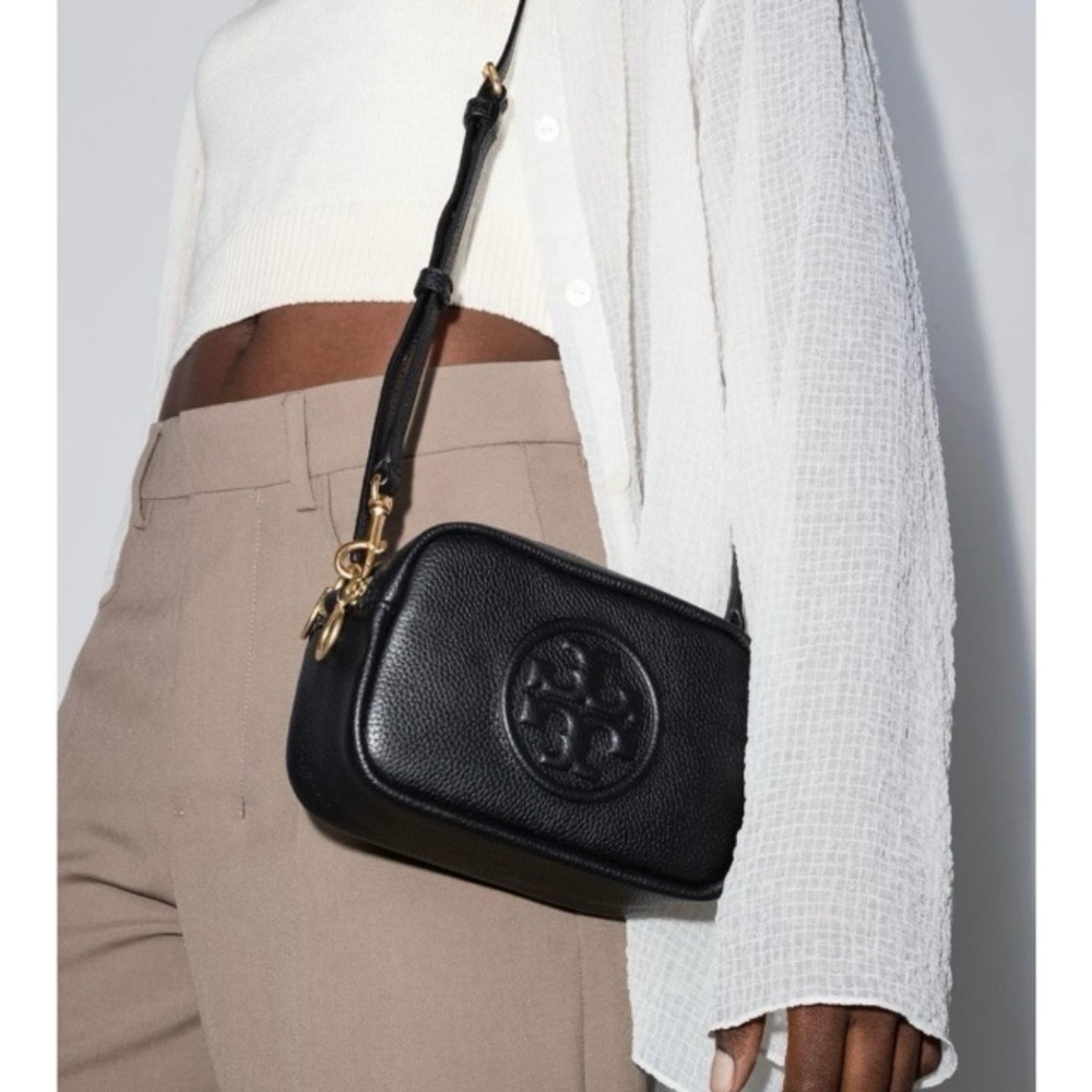 Authentic Tory Burch Perry Bombe Mini Crossbody Camera Bag Leather Purse Black - Picture 2 of 16